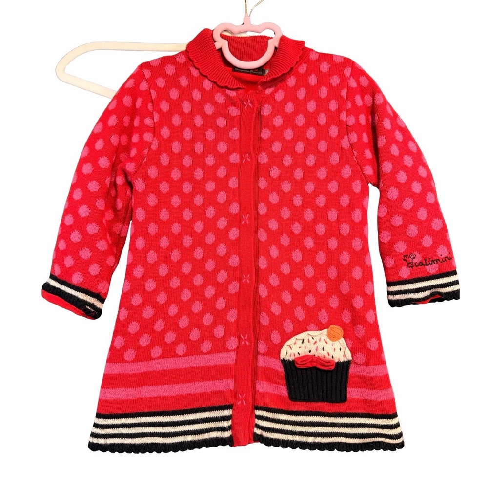 Catimini Girls Red Cupcake Polka Dot Knit Cardigan Coat - 3T (98cm) Excellent